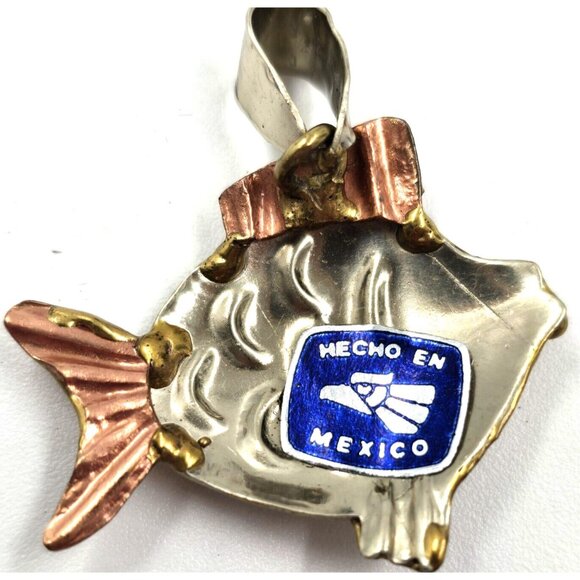 SJ Taxco Copper Angel Fish Necklace Pendant Tri Tone Metal Mexico 1.25" x 1.50" - Picture 4 of 5